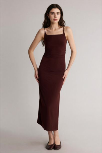 Bodycon Vücudu Saran Askılı Maxi Elbise