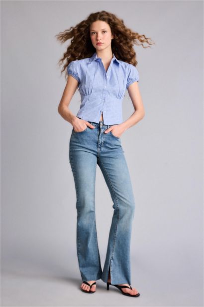 Fıtted Gömlek Yaka Kareli Pamuklu Kısa Kollu Gömlek