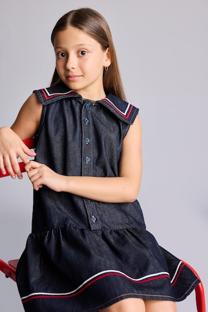 %100 Pamuk Denim Elbise Kız Çocuk
