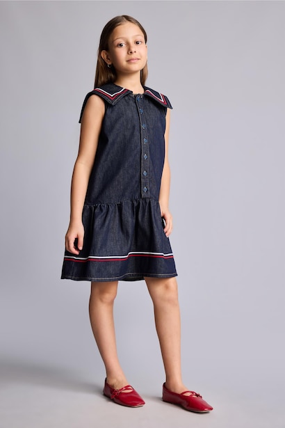 %100 Pamuk Denim Elbise Kız Çocuk
