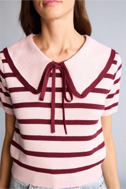 Crop Büyük Yaka Çizgili Kazak