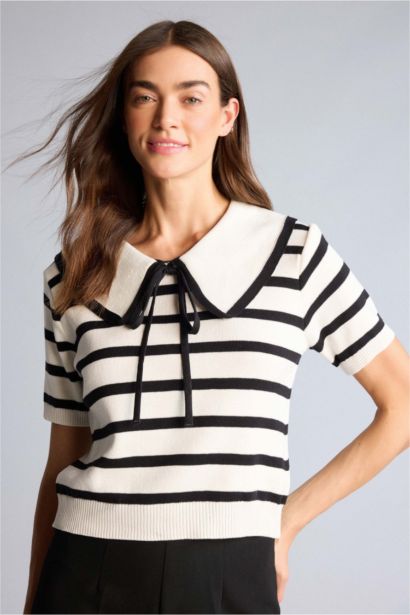 Crop Büyük Yaka Çizgili Kazak