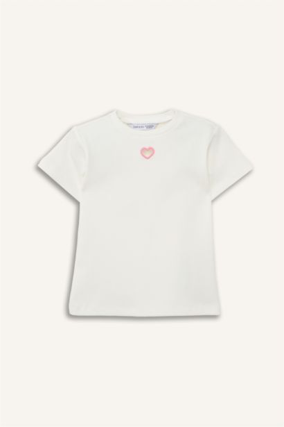 Kalp Desenli Fitilli Kaşkorse Kısa Kollu Tişört Kız Bebek