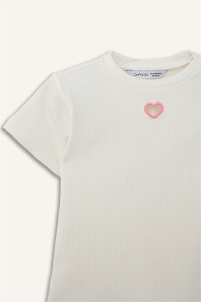 Kalp Desenli Fitilli Kaşkorse Kısa Kollu Tişört Kız Bebek