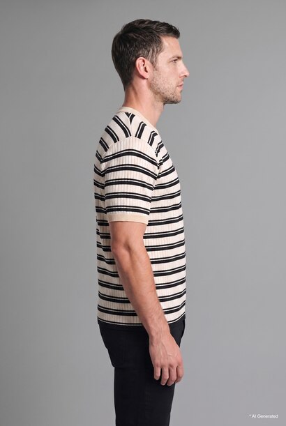 Relaxed Fit Çizgili Fitilli Triko Tişört