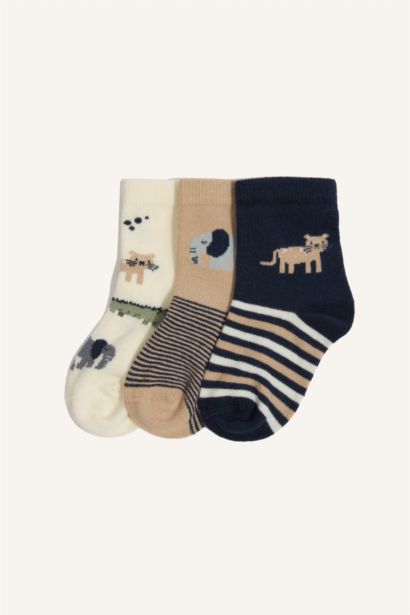 Baskılı Kaydırmaz Taban 3'lü Pamuklu Patik Çorap Erkek Bebek