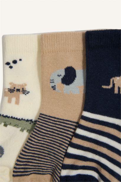 Baskılı Kaydırmaz Taban 3'lü Pamuklu Patik Çorap Erkek Bebek