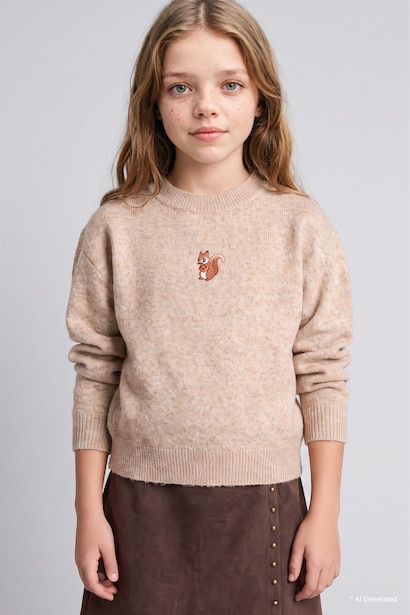 Girl Embroidered Crew Neck Pullover