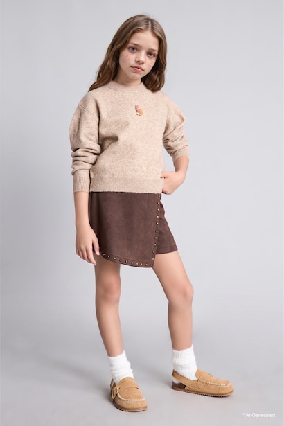 Girl Embroidered Crew Neck Pullover