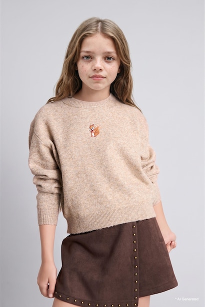 Girl Embroidered Crew Neck Pullover