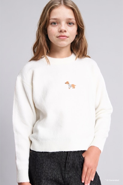 Pull brodé à col rond pour fille