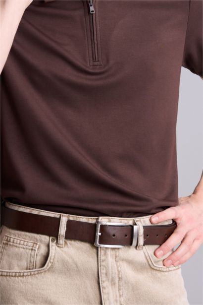 Erkek Dikdörtgen Toka Suni Deri Jean Kemeri