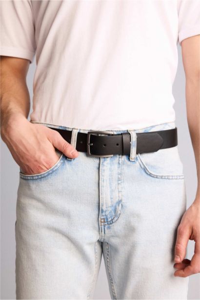 Erkek Dikdörtgen Toka Suni Deri Jean Kemeri