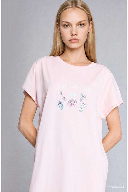 Chemise de nuit Coupe régulière rose clair à col rond et manches courtes