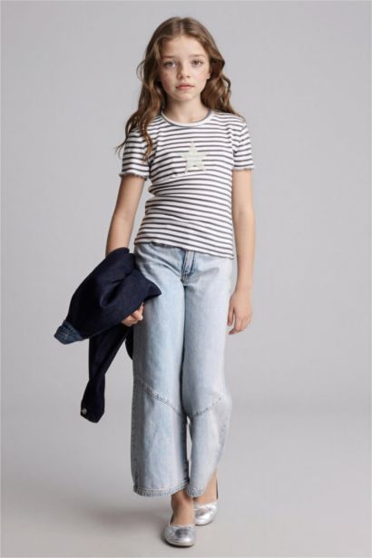 Yıldız Desenli Fitilli Kaşkorse Tişört Kız Çocuk