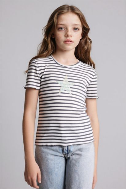 Yıldız Desenli Fitilli Kaşkorse Tişört Kız Çocuk