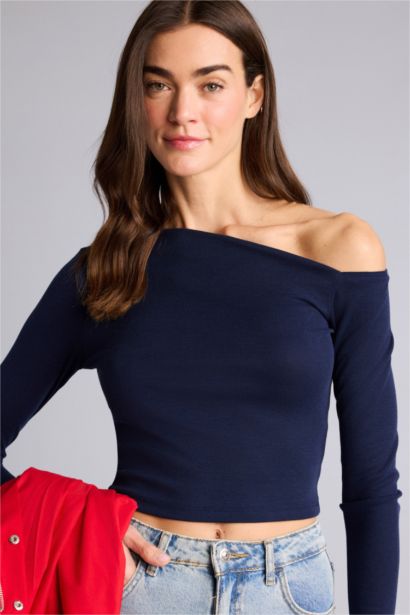 Slım Fıt Tek Omuzlu Ribana Uzun Kollu Tişört