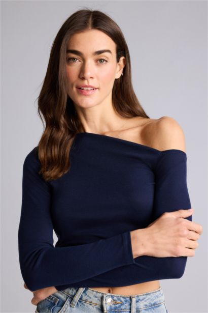 Slım Fıt Tek Omuzlu Ribana Uzun Kollu Tişört