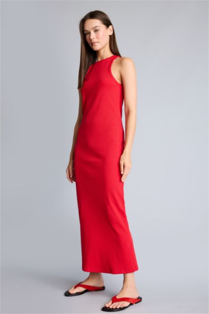 Halter Bodycon Kolsuz Ribana Midi Elbise