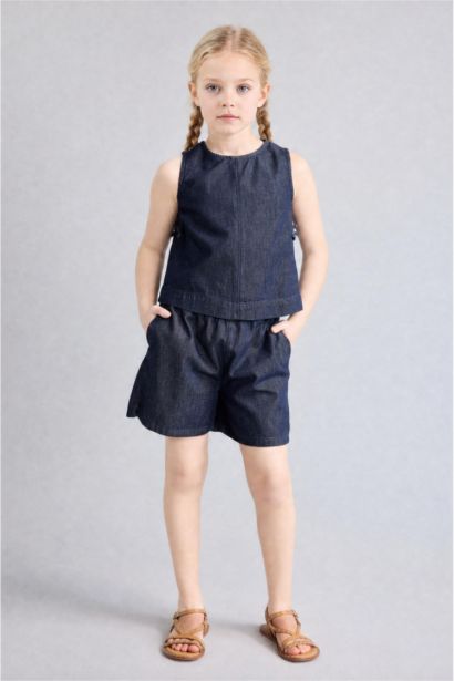 Girl Crew Neck Sleeveless Denim Blouse