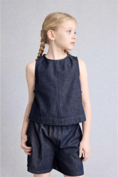 Girl Crew Neck Sleeveless Denim Blouse