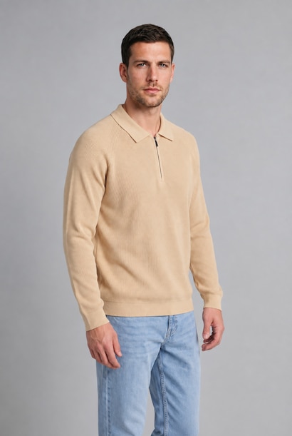 Standard Fit Half Zip Knit Polo Neck Pullover