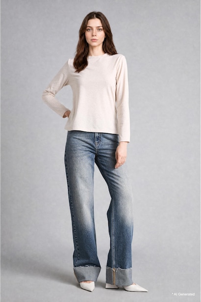 Slim Fit Long Sleeve Beige T-Shirt