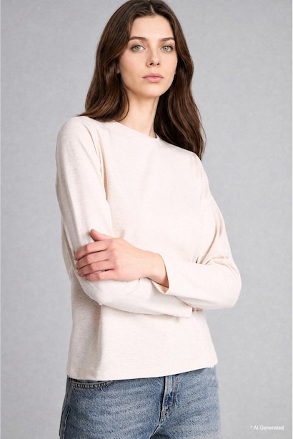 Slim Fit Long Sleeve Beige T-Shirt