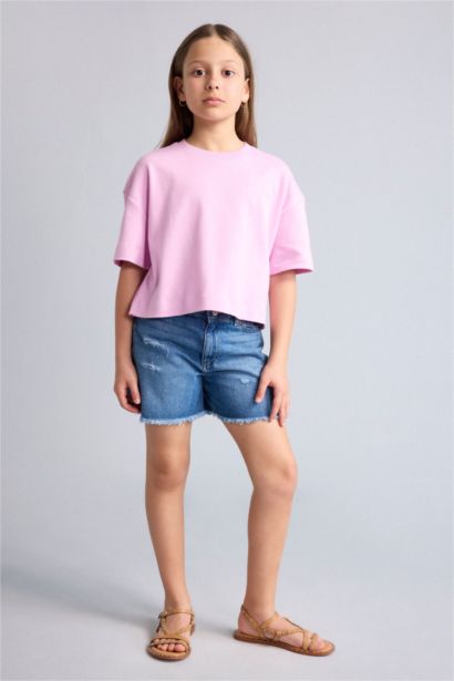 Oversize Bisiklet Yaka Tişört Kız Çocuk