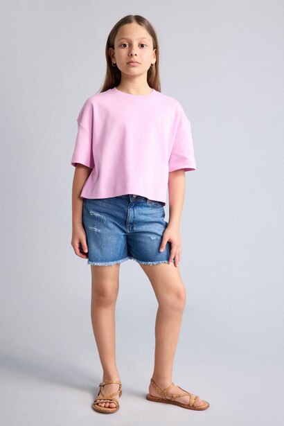 %100 Pamuk Oversize Bisiklet Yaka Tişört Kız Çocuk