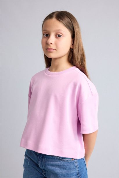 Oversize Bisiklet Yaka Tişört Kız Çocuk