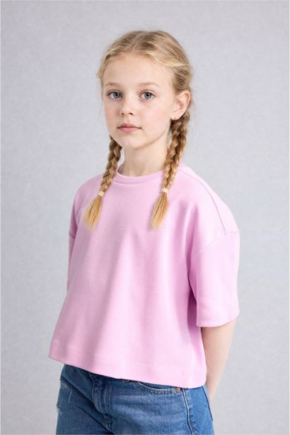 Oversize Bisiklet Yaka Tişört Kız Çocuk
