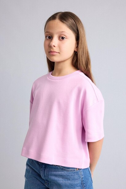 %100 Pamuk Oversize Bisiklet Yaka Tişört Kız Çocuk
