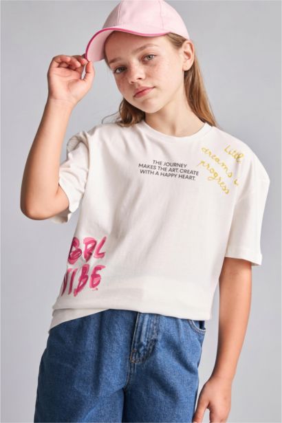 Girl Crew Neck Printed Short Sleeve T-Shirt
