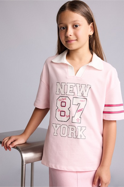 Girl V-Neck Printed Light Pink T-Shirt