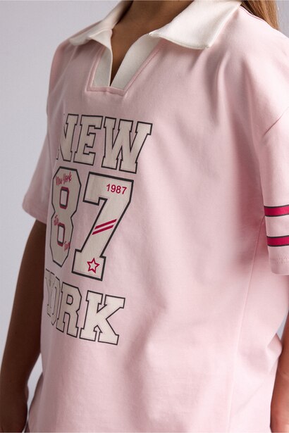 Girl V-Neck Printed Light Pink T-Shirt