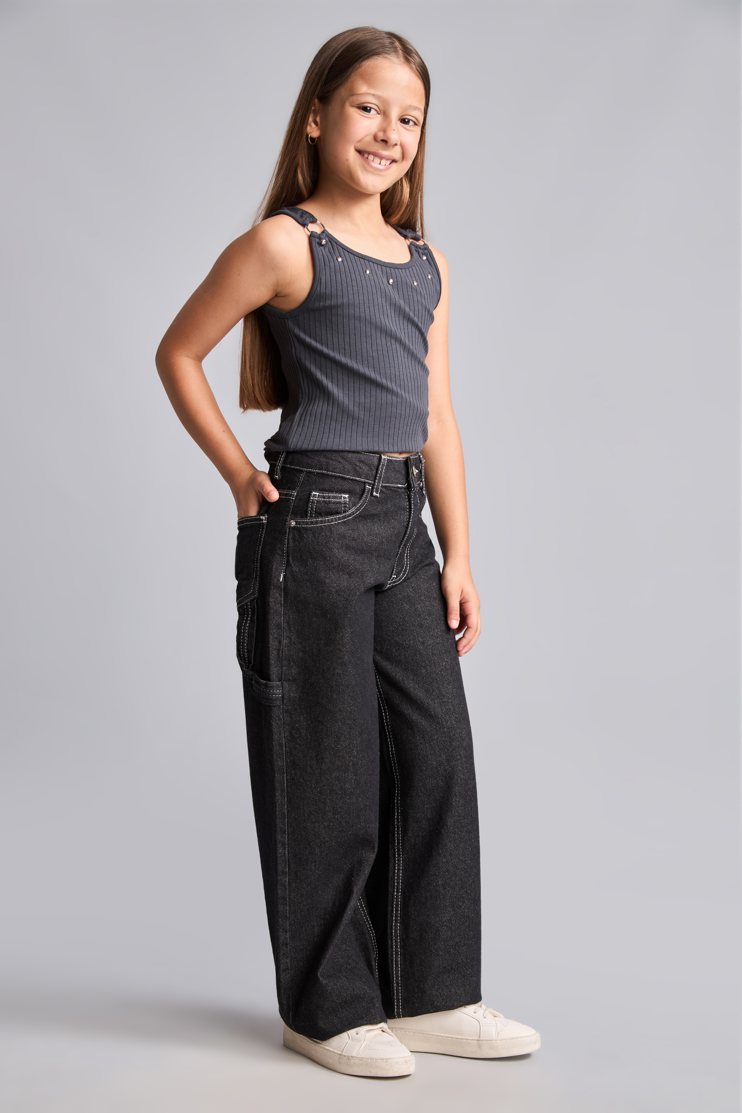 Girl Anthracite Crew Neck Camisole Tank Top