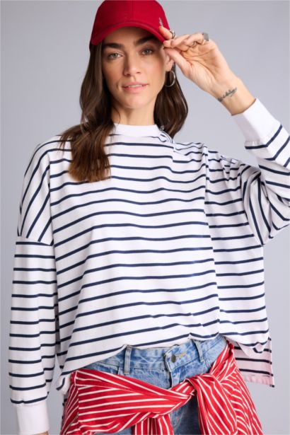 Oversıze Pamuklu Çizgili Tişört