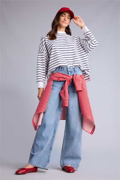 Oversıze Pamuklu Çizgili Tişört