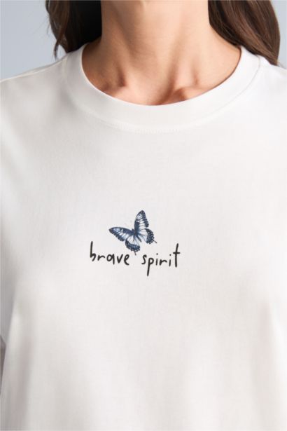 Modern Oversıze Bisiklet Yaka Kelebek Desenli Kısa Kollu Tişört