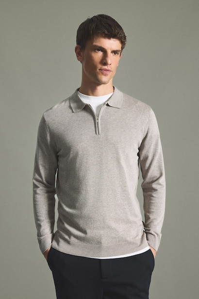 Pull en tricot basic à col polo et demi-fermeture éclair Coupe standard