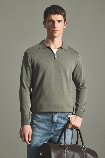Pull en tricot basic à col polo zippé Coupe standard
