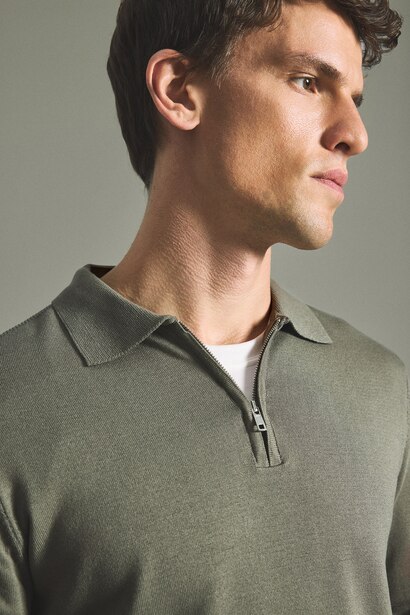 Pull en tricot basic à col polo zippé Coupe standard