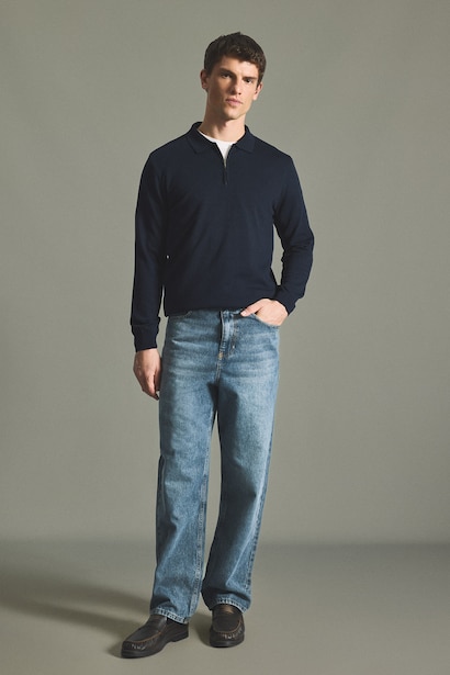Pull en tricot basic à col polo et demi-fermeture éclair Coupe standard