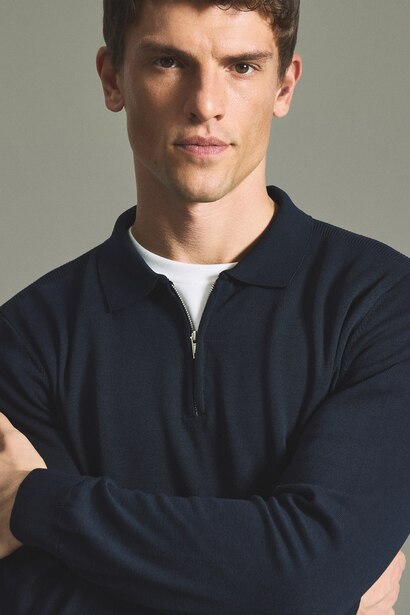 Pull en tricot basic à col polo et demi-fermeture éclair Coupe standard