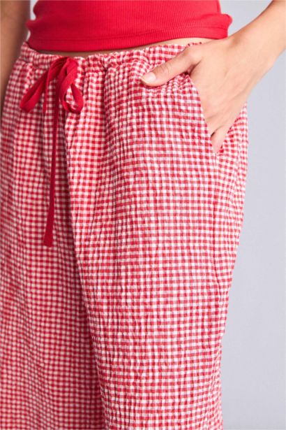 Wide Leg Double Pocket Gingham Crinkle Trousers