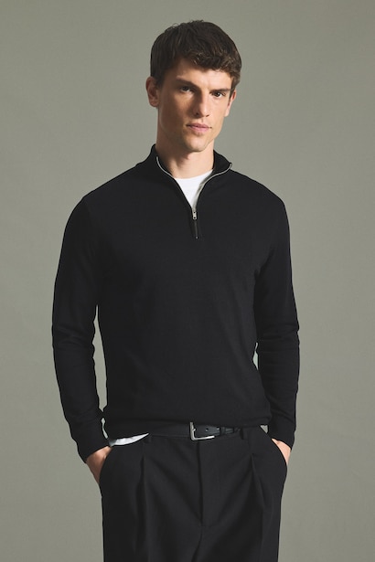 Pull en tricot basic à col montant et demi-fermeture éclair Coupe standard