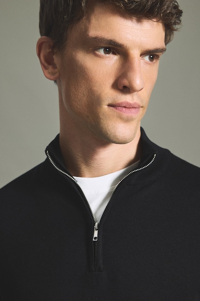 Pull en tricot basic à col montant et demi-fermeture éclair Coupe standard