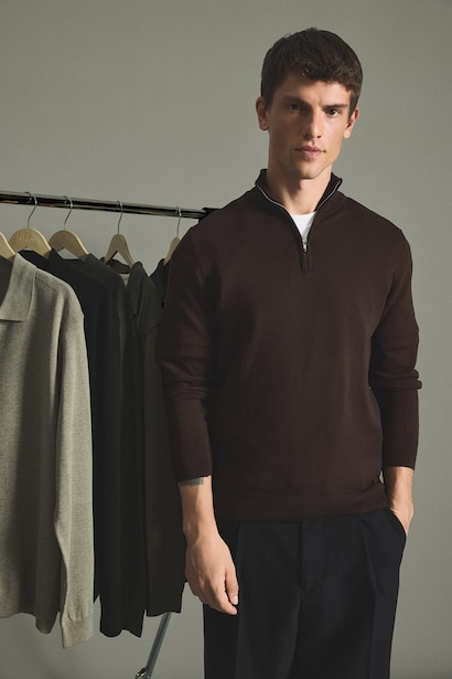 Pull en tricot basic à col montant et demi-fermeture éclair Coupe standard