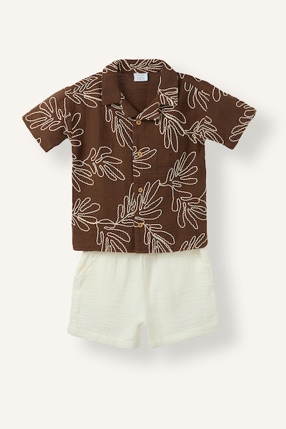 Baby Boy 2 piece Regular Fit Brown Embroidered Set